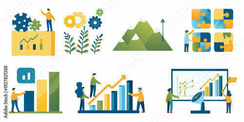 Business solutions and growth concepts illustrated with colorful icons