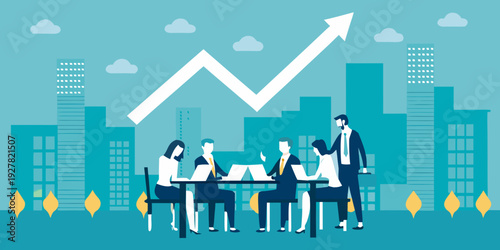 Business team meeting with a rising graph over a city skyline