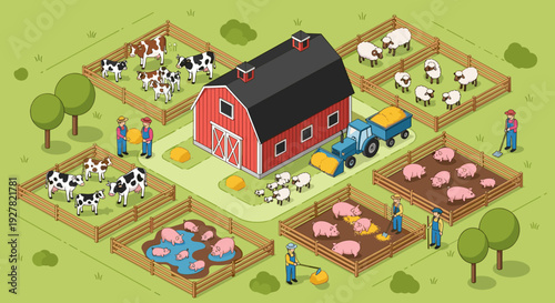 Farm Scene with Barn and Livestock.