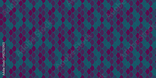 Abstract geometric textile design. Seamless pattern of overlapping teal and magenta scales. Ideal for fashion, web design, and print projects. Evokes a sense of luxury and sophistication.