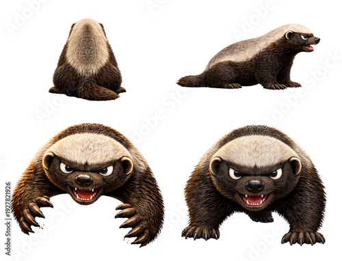 A fierce cartoon badger in various poses, showing an aggressive expression with bared claws. The badger is depicted from different angles, highlighting its menacing stance and detailed fur design.