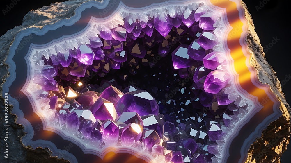 Naklejka premium Luxury Amethyst Geode Crystal Texture with Vibrant Purple Quartz Macro Photography