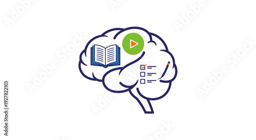 Brain with book and play button.