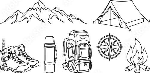 Line art vector of a camping and hiking concept with a tent, backpack, boots, campfire, compass, and mountains