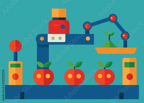 Robotic arms on an automated food production line move a plant seedling and process apples on a conveyor belt.