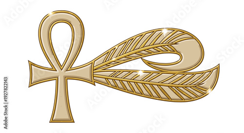 Golden Ankh Symbol with Feather Illustration.