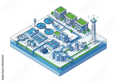 Isometric illustration of a modern water treatment plant with advanced technology and sustainable infrastructure