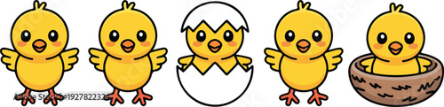 Cute cartoon yellow chick collection featuring chicks in eggshells and a nest for Easter and nursery design.