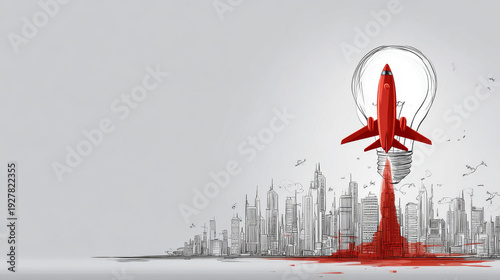 Red plane heading towards new idea. 2023 year plan idea concept. business creativity new idea discovery innovation technology.