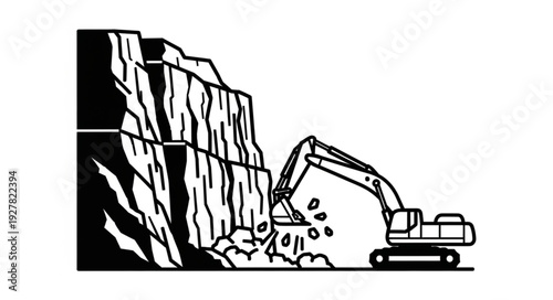 Excavator Digging Rocky Quarry Site.