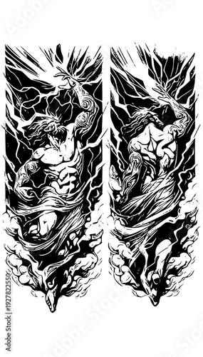 Dramatic muscular men with wings in dynamic black and white illustration