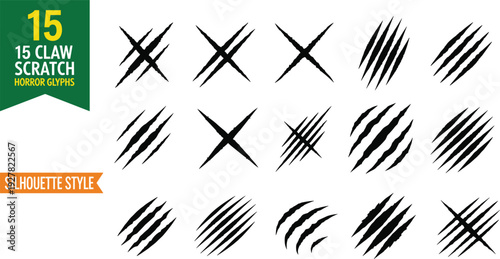 Claw scratch horror glyph collection, black grunge slash and ripped claw mark silhouettes isolated on white background vector design set