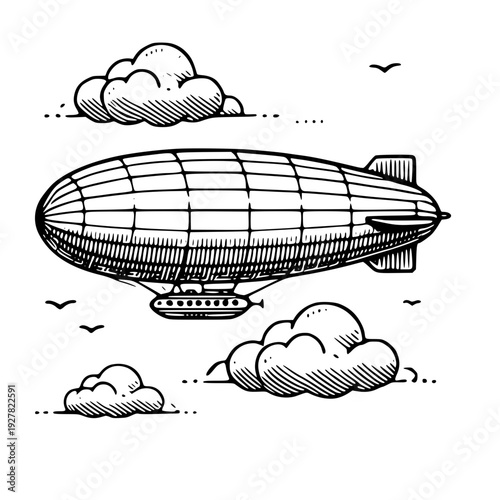 Vintage blimp soaring through cloudy sky with birds flying nearby