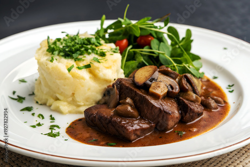 Elegant Braised Beef Plate with Potato Puree and Mushrooms.