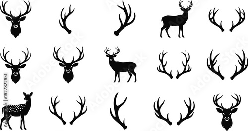 Deer antlers and stag silhouettes collection, black buck head and full body wildlife icons isolated on white background vector illustration set