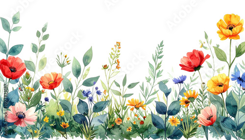 Elegant Botanical Watercolor Border with Wildflowers and Green Foliage, Airy Composition Isolated, Transparent