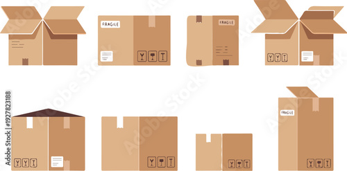 Set of 8 realistic 3D cardboard boxes for shipping, moving, and e-commerce packaging design.