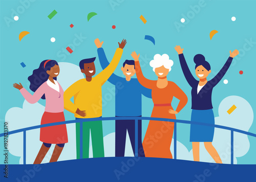 A joyful group of diverse colleagues celebrates success together on a bridge with confetti.