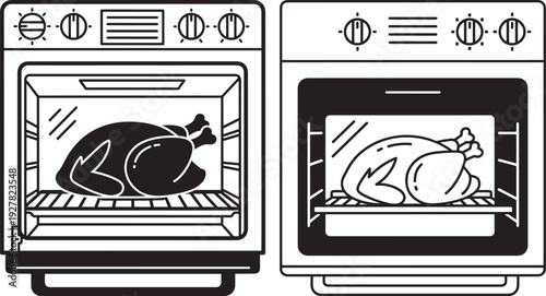 Two simple outline icons of open ovens with whole roast chickens inside, representing cooking, baking, or preparing a holiday meal.