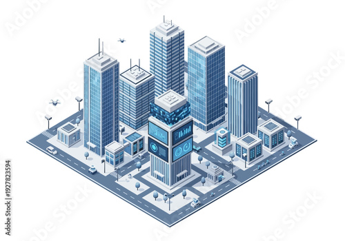 Isometric futuristic city skyline with modern skyscrapers, advanced technology, and drone delivery