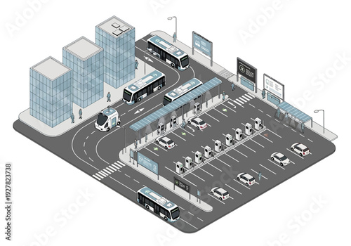 Illustration of a futuristic smart city transportation hub with electric buses and charging stations for autonomous vehicles