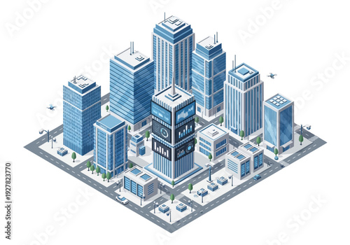 Isometric futuristic smart city with modern skyscrapers, autonomous vehicles, and digital displays