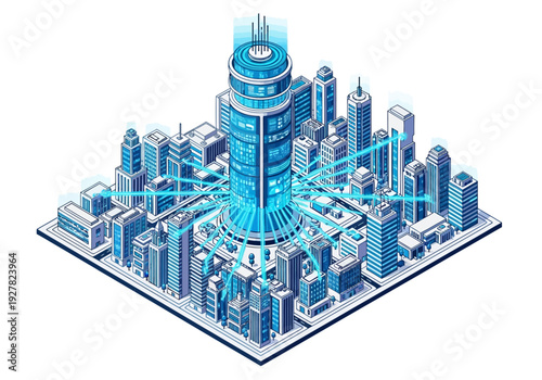 Futuristic Smart City with Central Tower Broadcasting Data