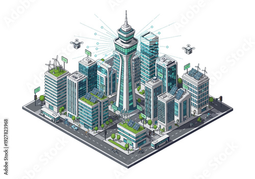 Futuristic isometric city skyline with skyscrapers, drones, and renewable energy sources, representing smart urban development and technology integration