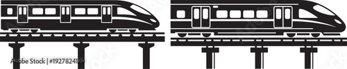 Two modern high-speed train icons on elevated tracks, symbolizing fast travel, public transportation, and efficient journeys.