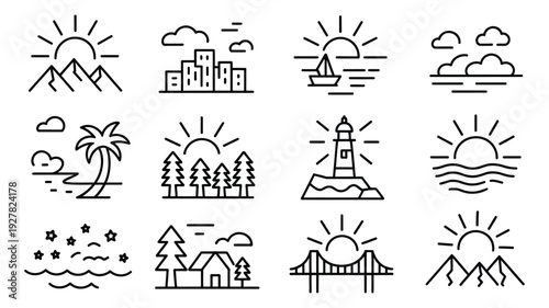 Sunrise sunset line icon collection, mountain cityscape ocean beach palm forest lighthouse bridge cabin scenes, minimalist landscape illustrations, travel nature environment symbols set, clean modern