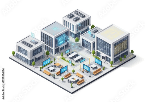 Isometric architectural 3D illustration of a modern business complex featuring sustainable office buildings with advanced technology integration and outdoor meeting spaces