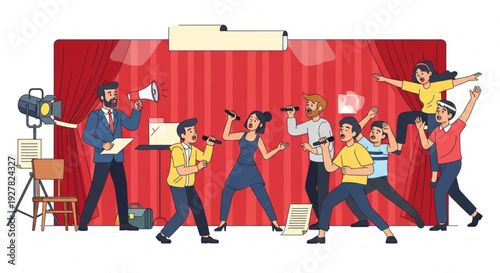 People performing on stage with red curtains and bright lights lively performance scene with actors and media