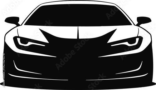 Front view silhouette of a modern sleek sports car with sharp headlights and aerodynamic lines