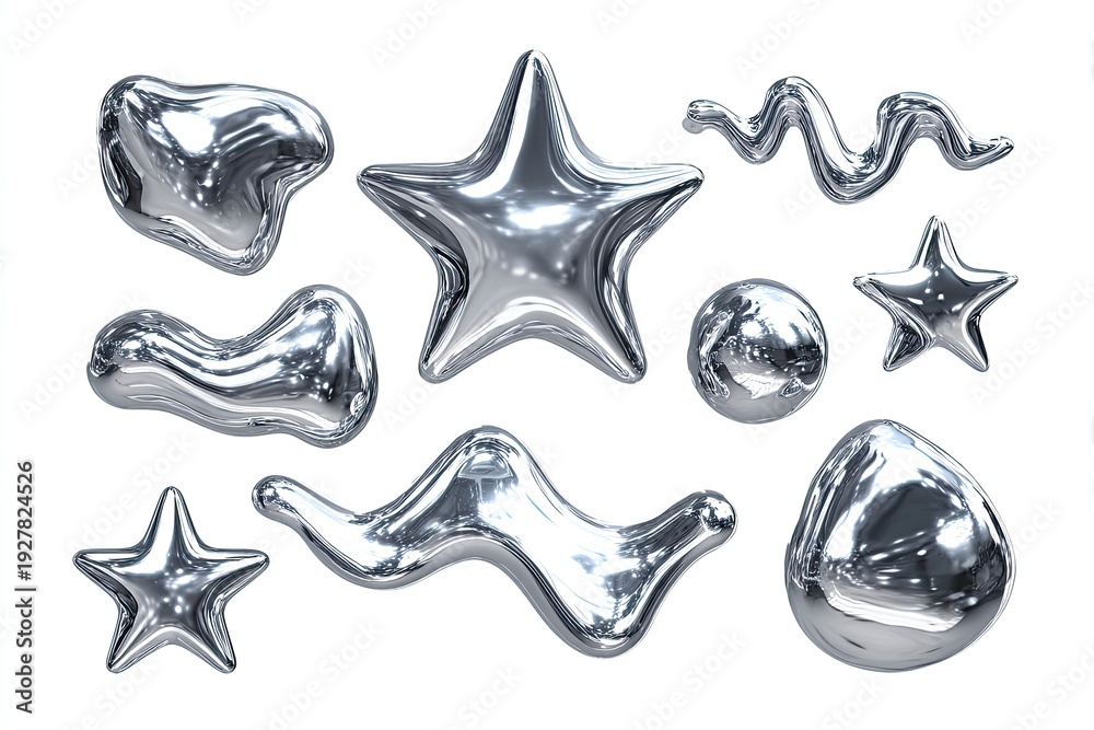 Obraz premium Shiny, liquid metal shapes float against a clean white background. Various forms are depicted