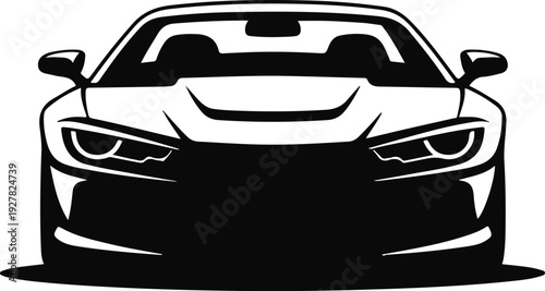 Sleek black abstract sports car front view isolated on transparent background