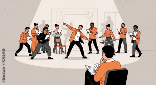 Director guides actors in various dance poses on stage with spotlight theater rehearsal scene with script