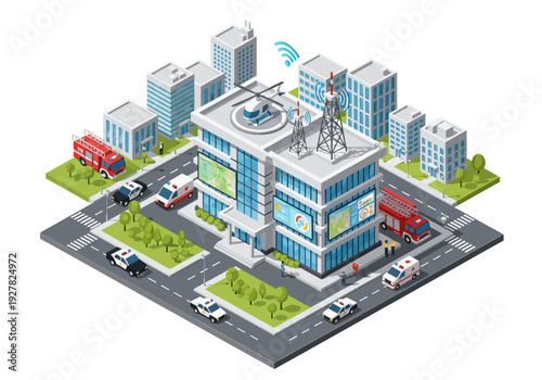 Isometric illustration of a modern emergency services building with police, ambulance, and fire trucks outside on a street