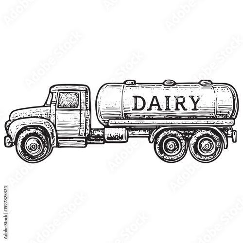 Vintage Dairy Milk Truck Black White Line Art Engraving Illustration Isolated