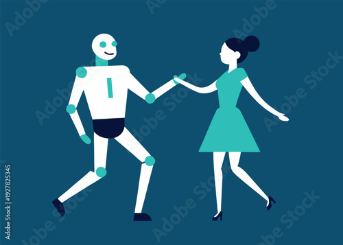 A woman in a blue dress dances with a white humanoid robot while holding hands.