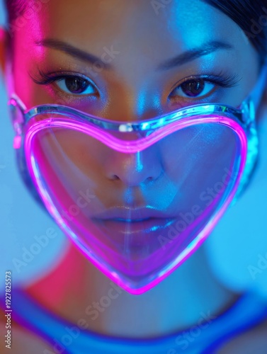 Close-up portrait of a futuristic Asian woman wearing a glowing neon heart-shaped transparent face shield in cyberpunk style.
