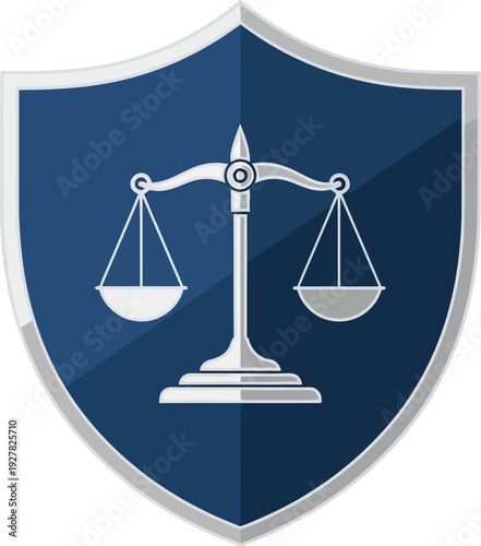 Justice scale emblem inside a blue shield represents legal fairness.
