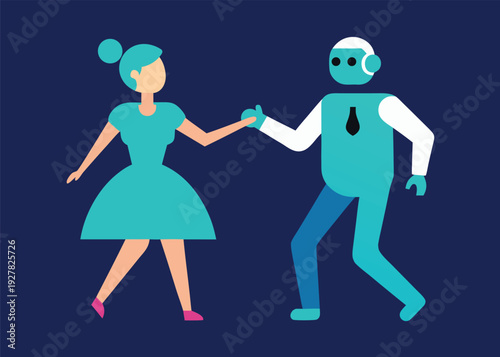 A woman in a blue dress dances with a futuristic male robot in a shirt and tie.