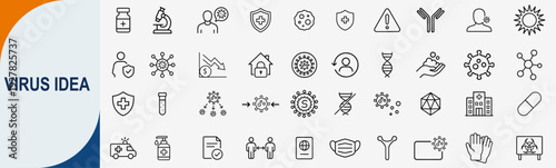 Virus idea and medical science icons set, outline symbols for healthcare research laboratory safety immunology and pandemic prevention vector illustration