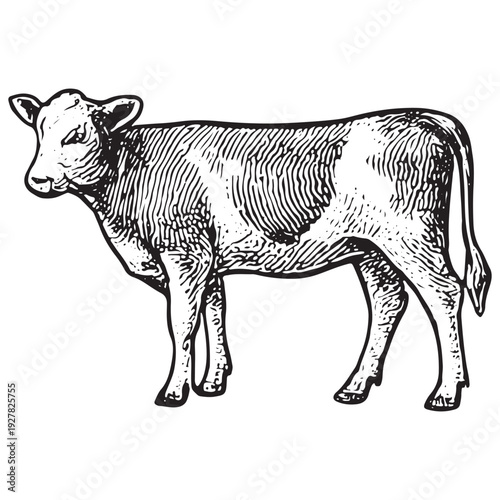 Vintage Dairy Cow Calf Black White Line Art Engraving Illustration Isolated