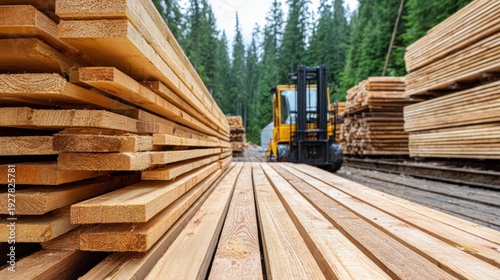 Stacked wooden planks in a lumber yard with a forklift in the background, surrounded by tall evergreen trees under a cloudy sky during a workday in a forested area
