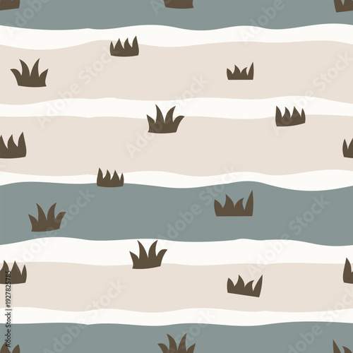 Organic wavy field stripes seamless pattern for football pitch background. Hand drawn flat design soccer grass texture for sport event textile and decor.