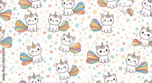 Cute Cat Unicorn Pattern with Rainbow Tail and Stars Seamless Background
