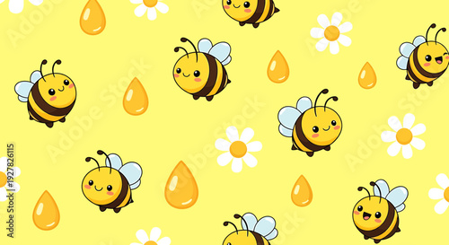Cute Kawaii Bees and Honey Drops Seamless Pattern on Yellow Background