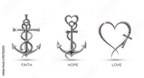 Three nautical symbol pendants representing faith hope love with anchor and heart designs on white background