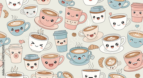 Cute Kawaii Coffee Cups Pattern, Happy Characters, Seamless Background